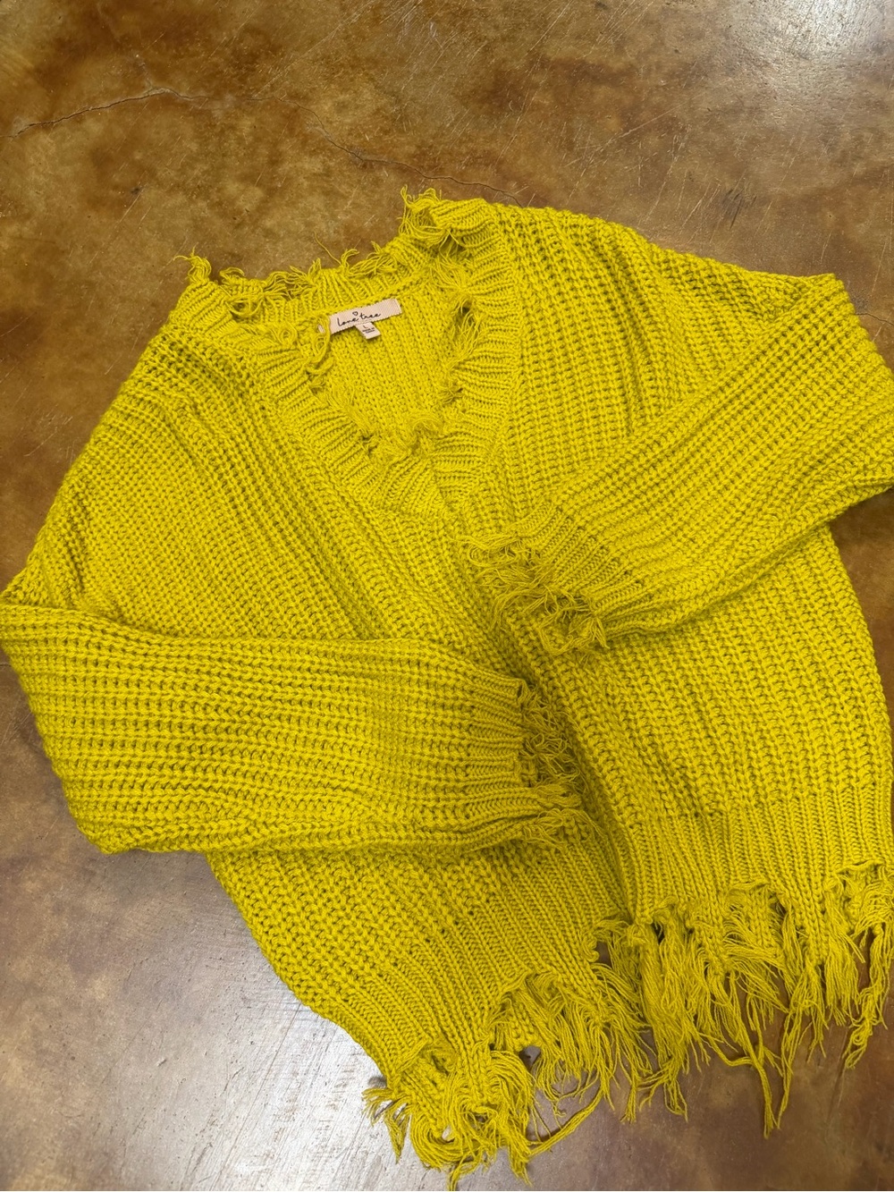Love Tree Chartreuse Distressed Fringe V-Neck Sweater